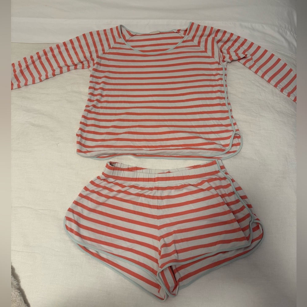 LAKE Pima Long Sleeve Set - Coral and White Stripe